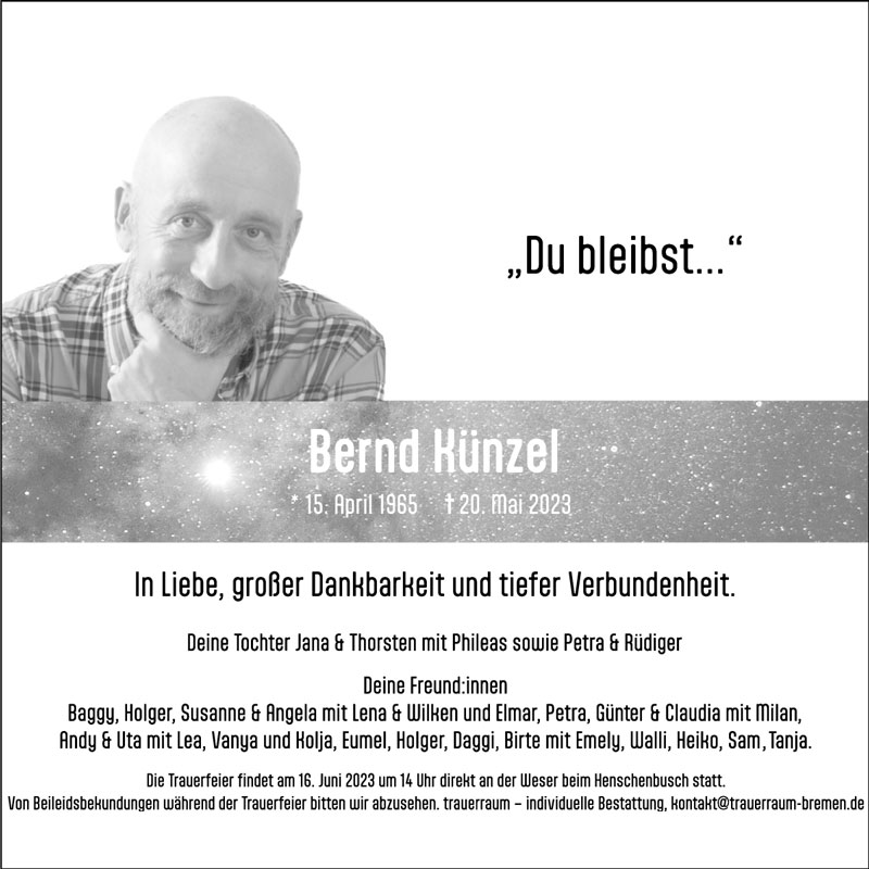 Traueranzeige Bernd Künzel